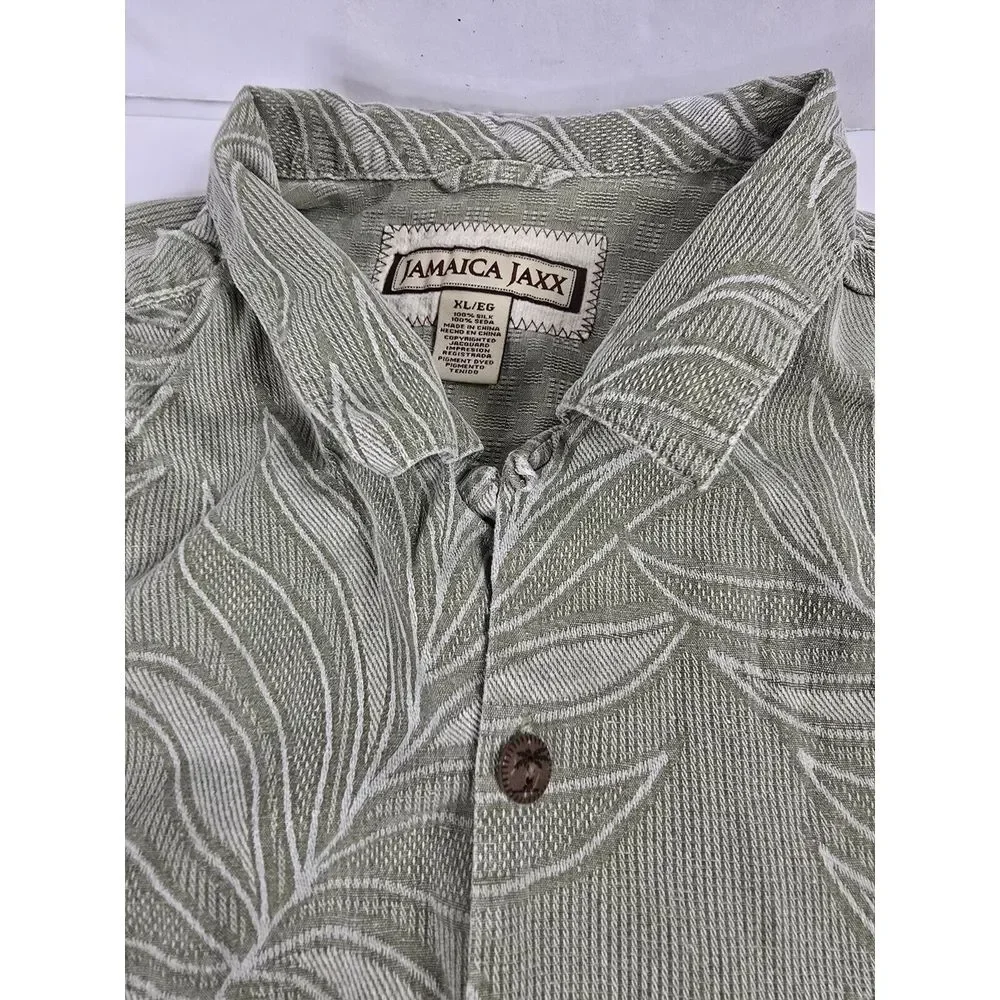 Jamaica Jaxx Shirt Mens XL Green Short Sleeve Button Up Hawaiian Leaf‎ Silk Vtg